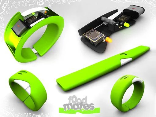 Renders de la pulsera interactiva de Foodmates (Tmate) en verde: la pulsera armada, su electrónica por dentro, la pieza extendida y dos vistas cerradas